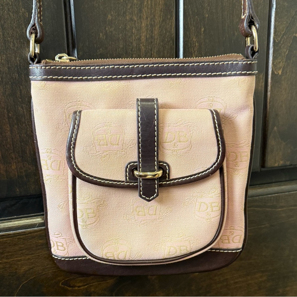 Dooney & Bourke Embossed Pink and Brown Crossbody Bag with Adjustable Strap